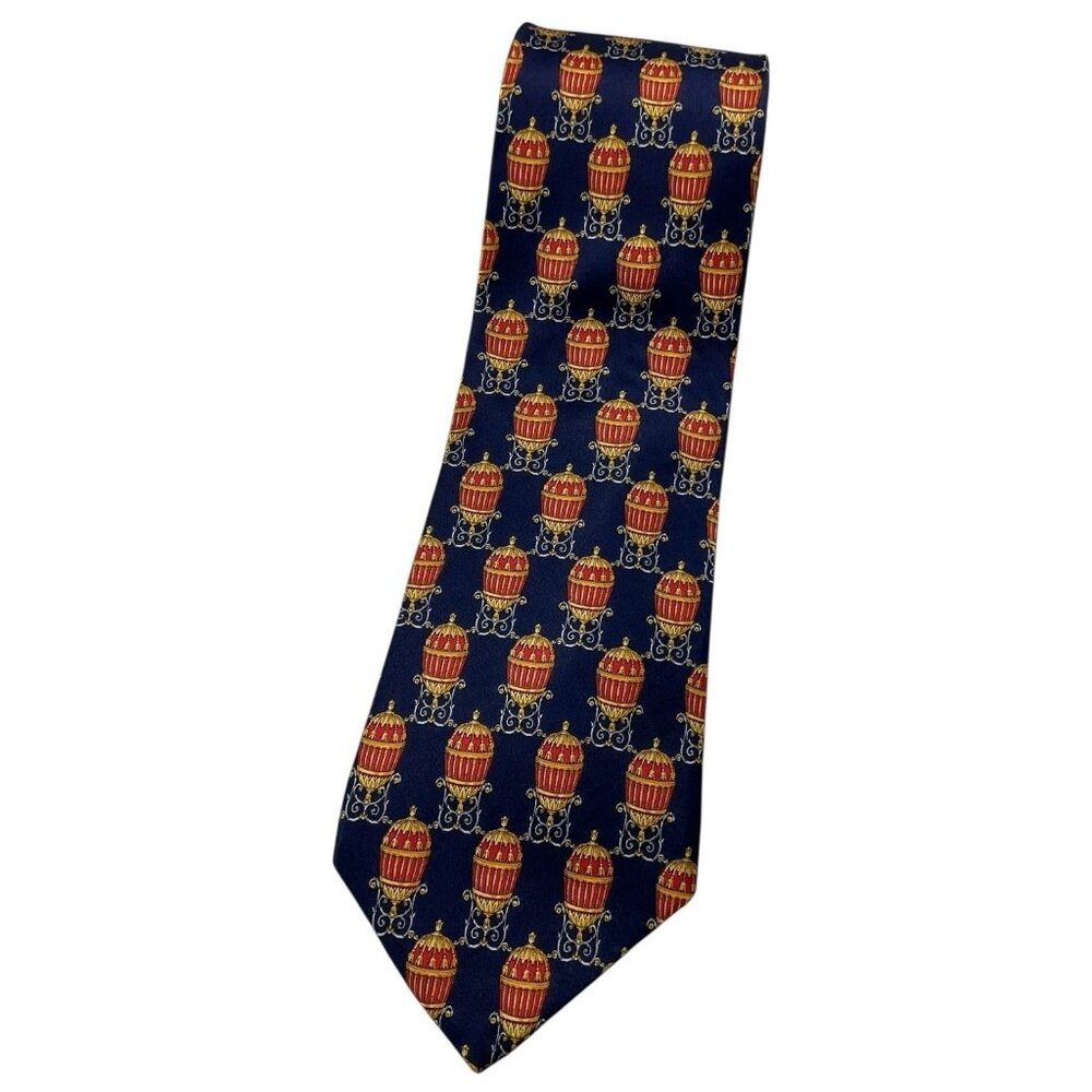 FABERGÉ Men's 100% Silk Necktie LUXURY Tie Blue Red Gold Art W:4.1" EUC